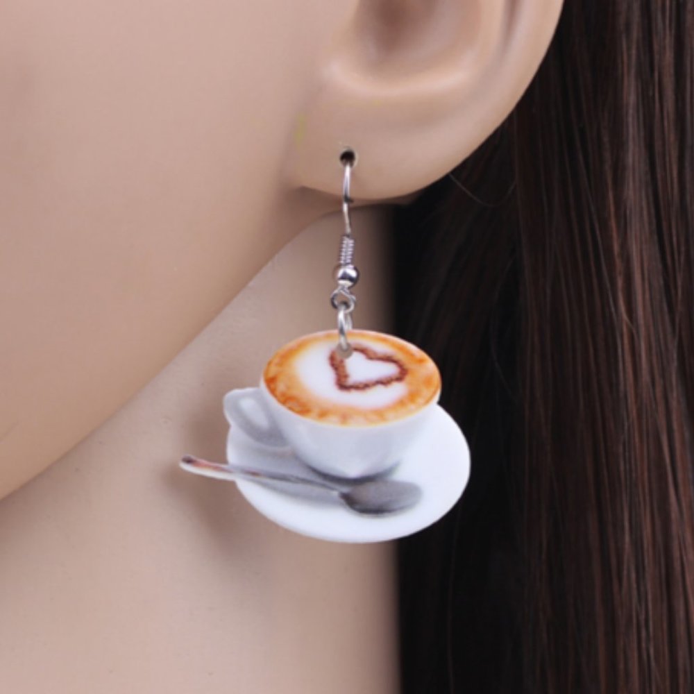 Dangle Heart Latte Cappuccino Coffee Cup Saucer Earrings NEW! 765
